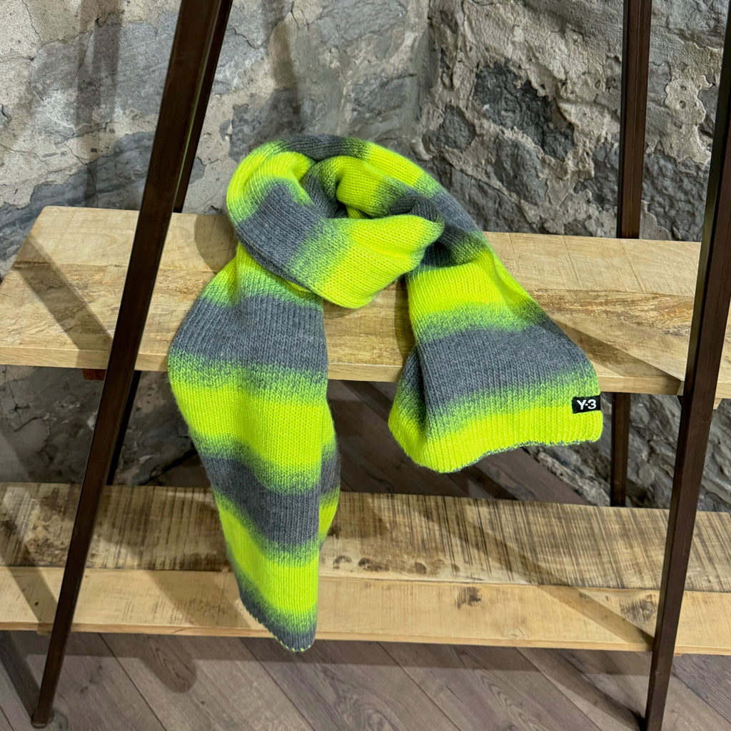 Y-3 Grey Neon Yellow Striped Oversized Reversible Wool Scarf