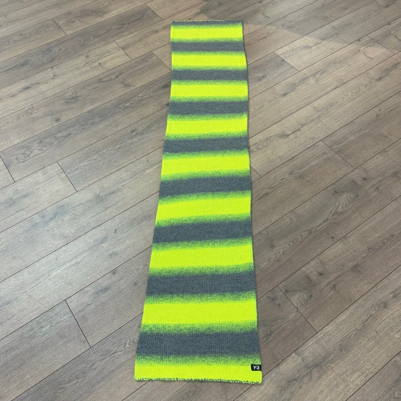 Y-3 Grey Neon Yellow Striped Oversized Reversible Wool Scarf
