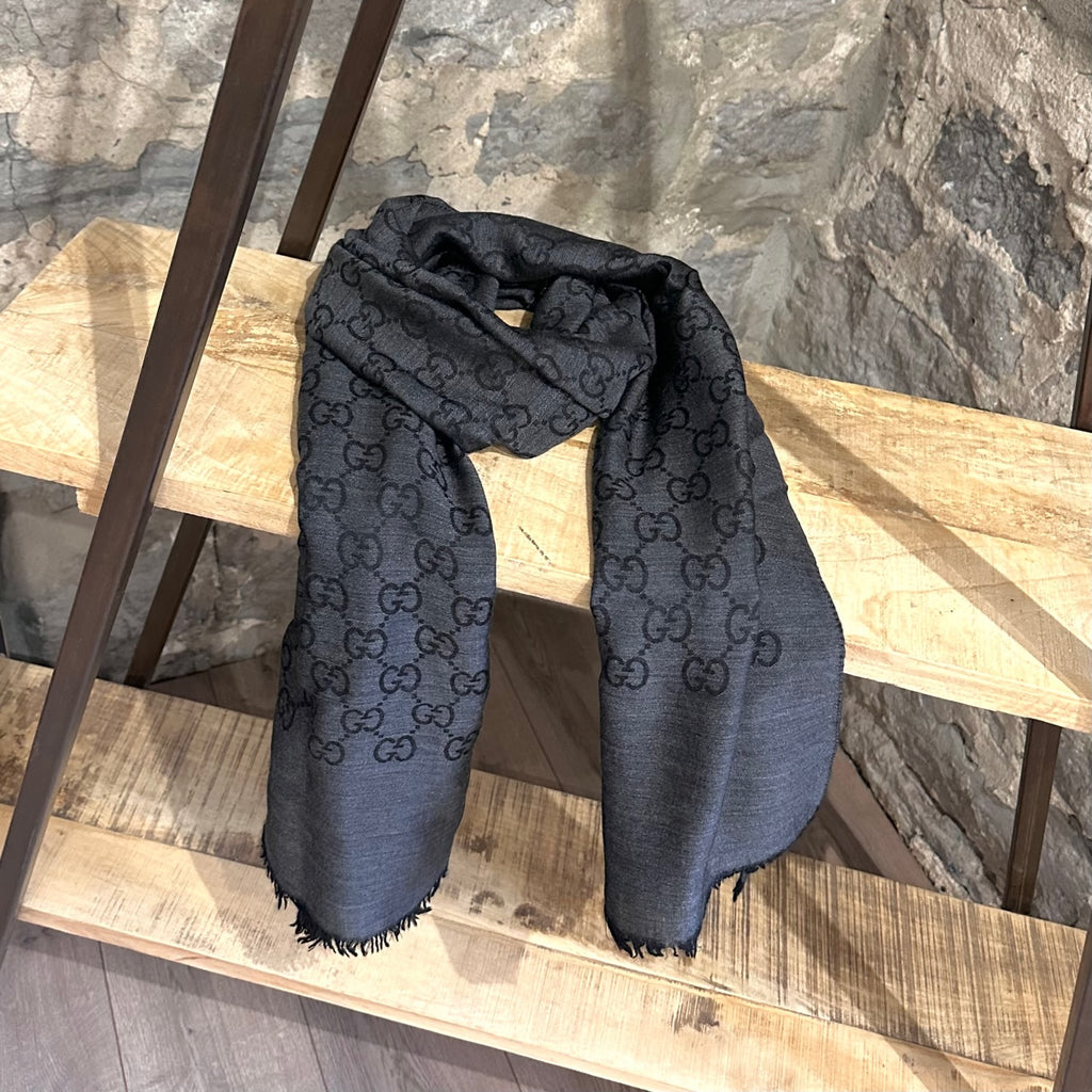 Gucci Charcoal Black GG Logo Wool Silk Scarf
