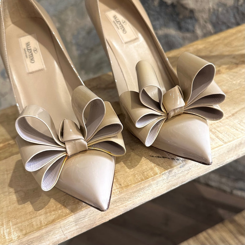Valentino Beige Patent Leather Bow Accent Pumps