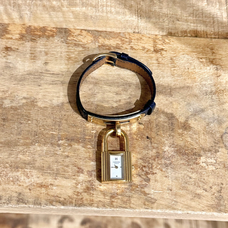 Hermes Blue Epsom Leather Kelly Goldplated Bracelet Watch