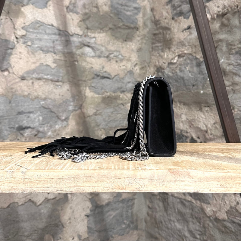 Petit sac à bandoulière Saint Laurent Kate Monogram à franges en daim noir