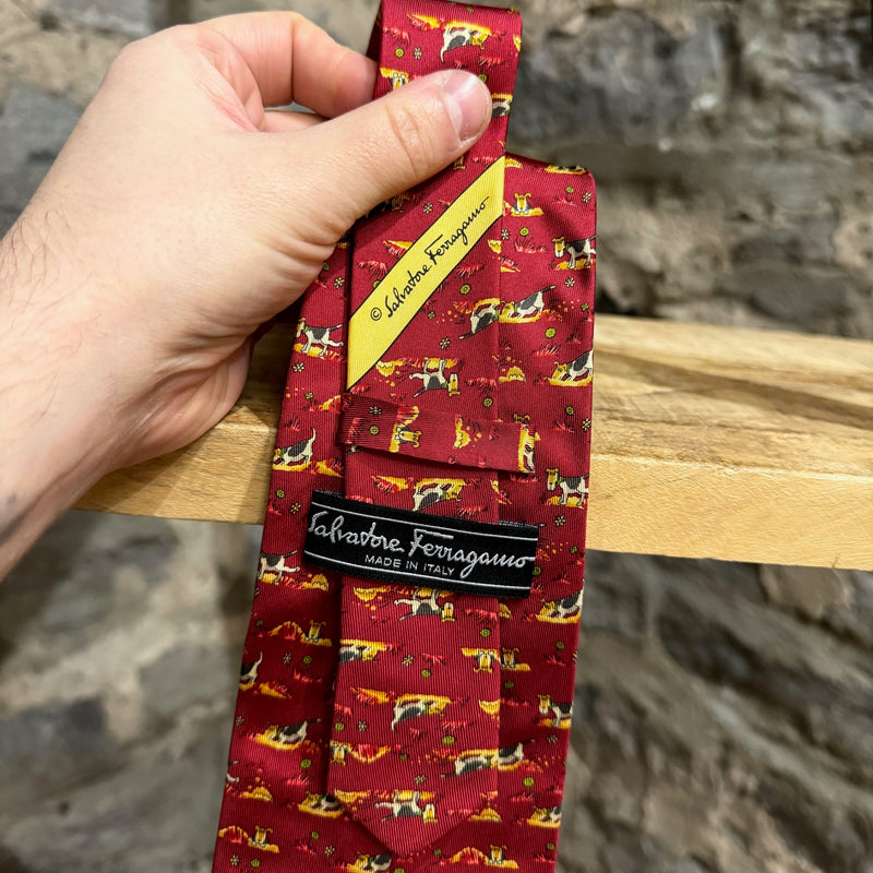 Salvatore Ferragamo Dogs Prints Red Silk Tie