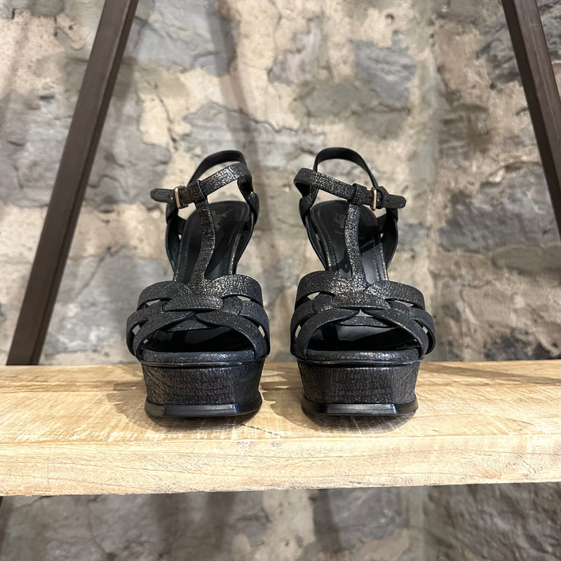 Yves Saint-Laurent Gold Black Canvas Tribute Platform Sandals