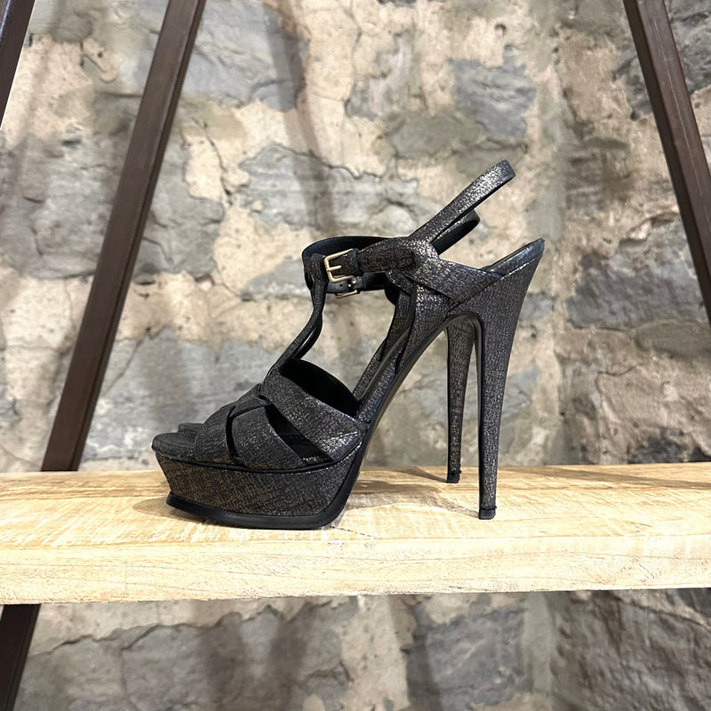 Yves Saint-Laurent Gold Black Canvas Tribute Platform Sandals