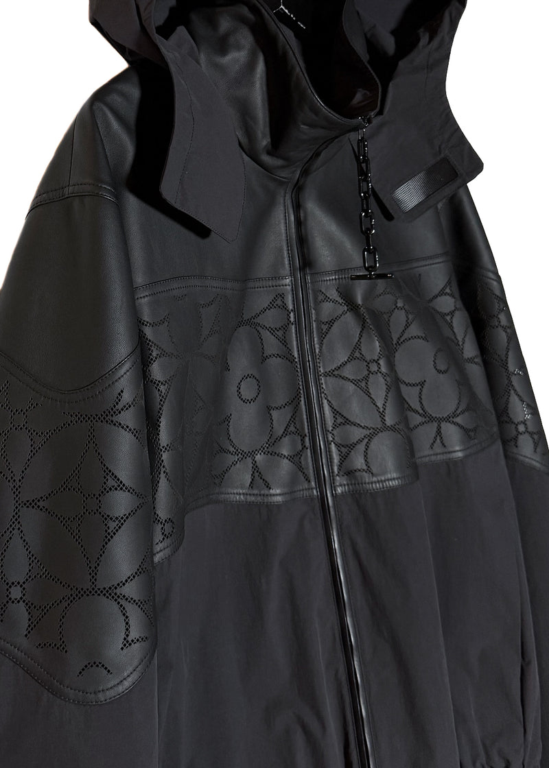 Manteau en nylon mélangé à motif floral Monogram en cuir noir Louis Vuitton