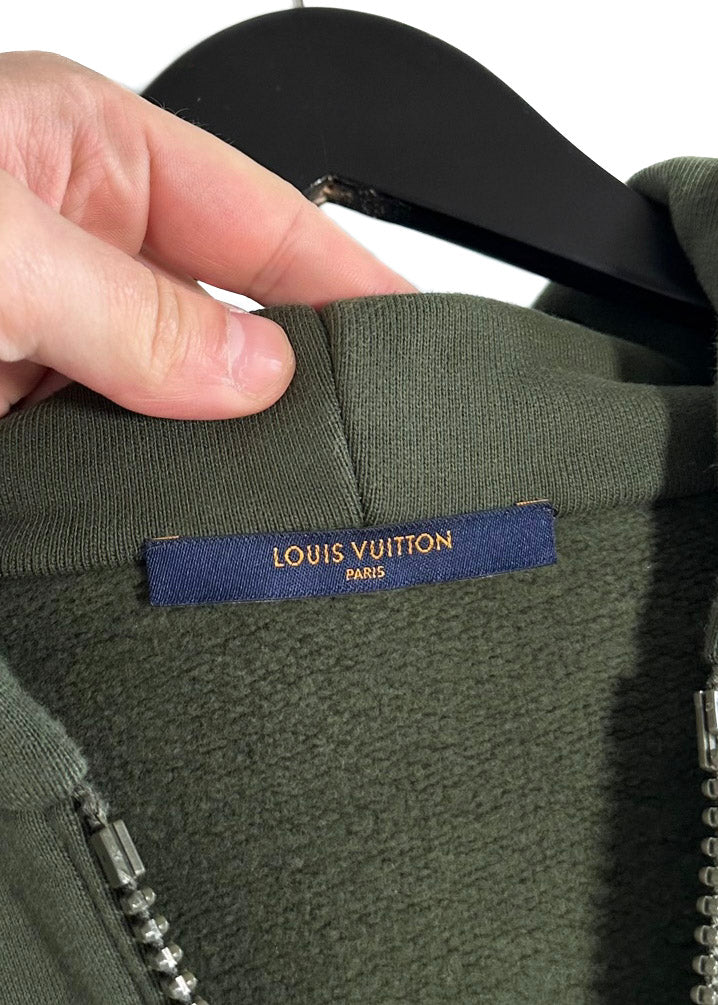 Sweat à capuche demi-zip Louis Vuitton 2019 vert avec poche plaquée 3D