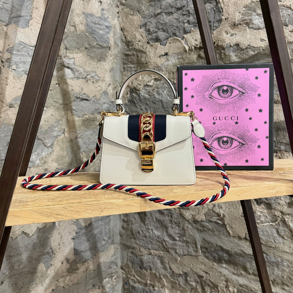 Gucci White Calfskin Mini Sylvie Top Handle Crossbody Bag