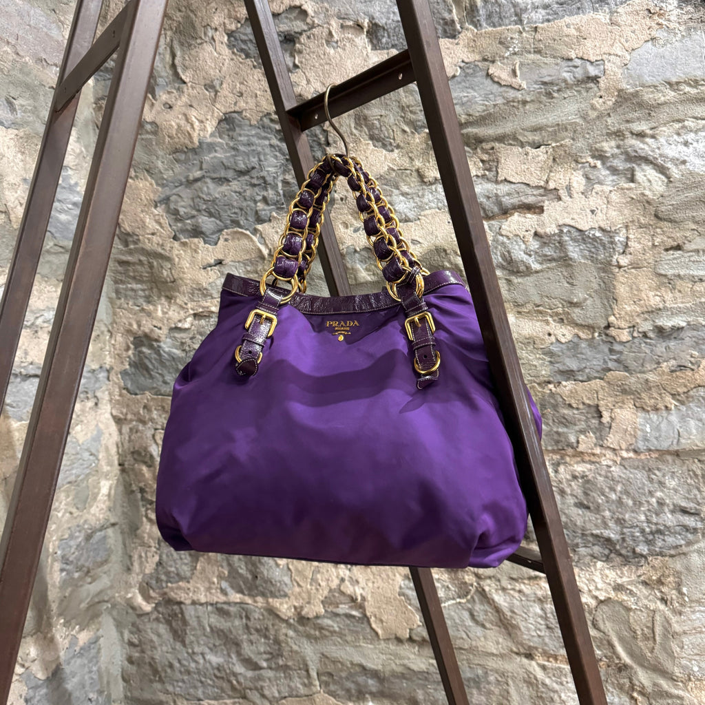 Prada Purple Tessuto Vernice Trim Chain Handles Tote Bag