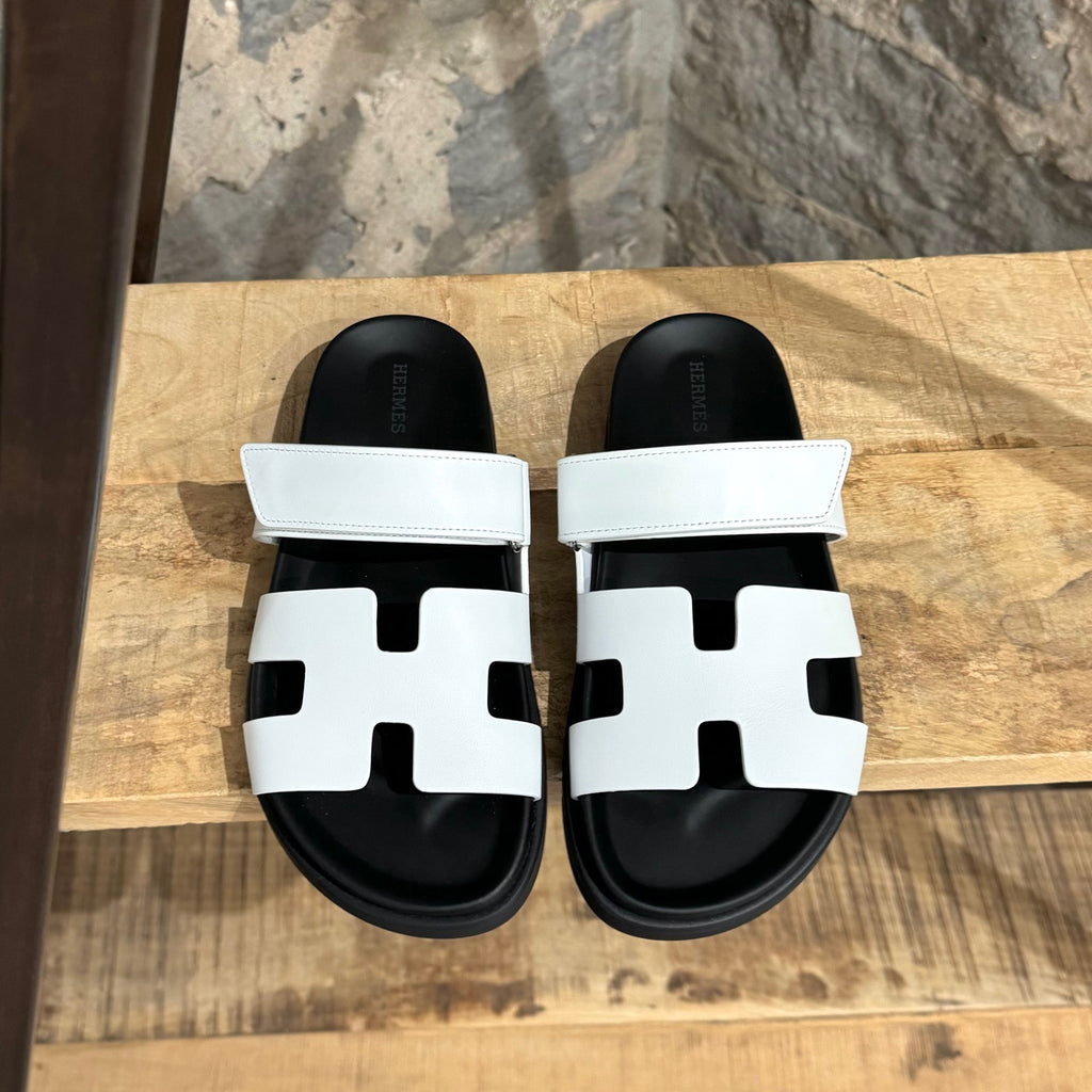 Hermès White Calfskin Chypre Techno Sandals