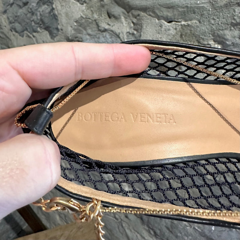 Bottega Veneta Black Stretch Mesh Chain Accent Heeled Sandals
