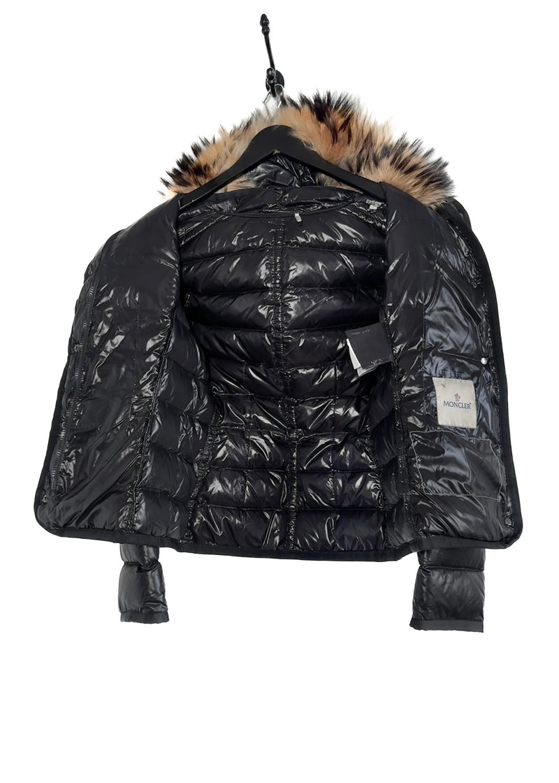 Manteau à capuche en fourrure Moncler noir brillant Armoise