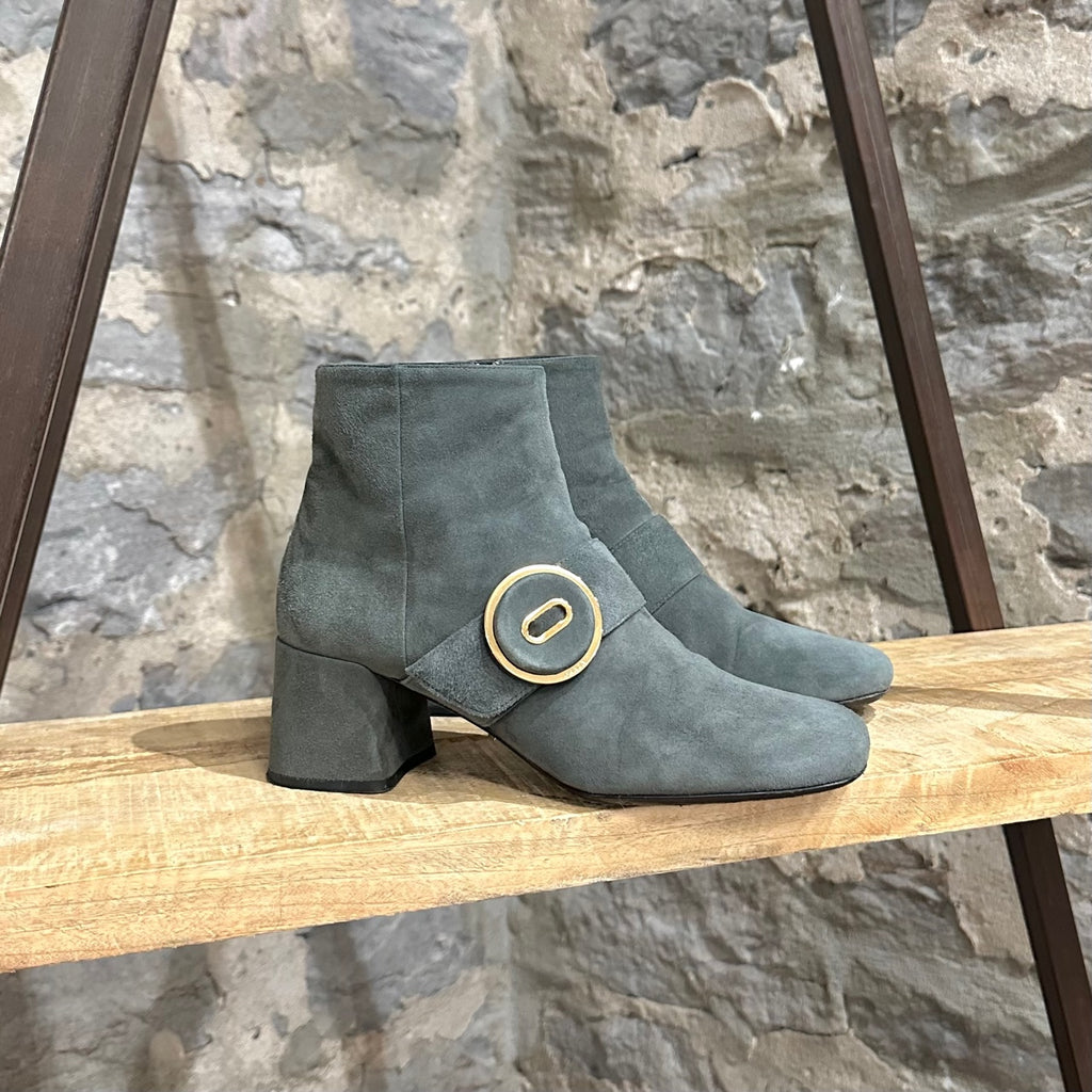 Prada Green Grey Suede Button Ankle Booties