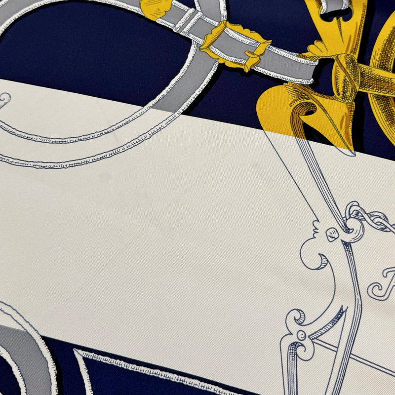 Hermès Navy Blue White L'Instruction du RoY Silk 90 Square Scarf