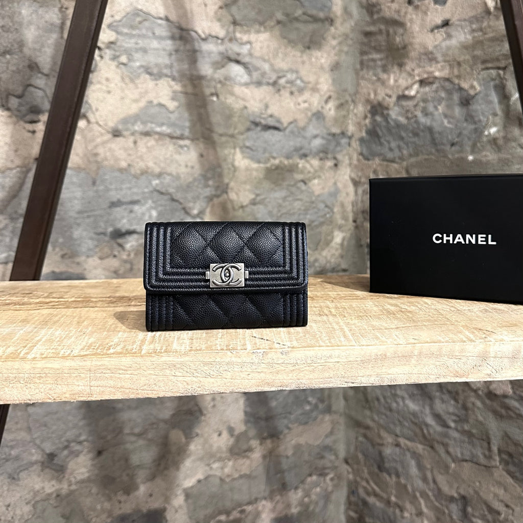 Chanel Black Caviar Leather Quilted Boy Flap Card Case