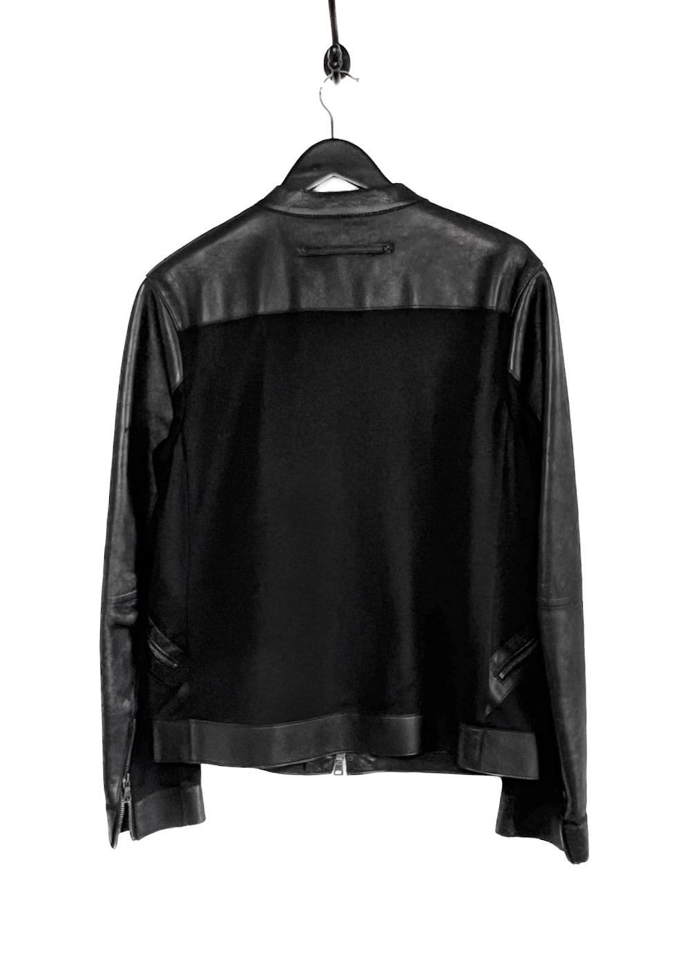 Manteau style moto en cuir noir Prada avec insert en nylon