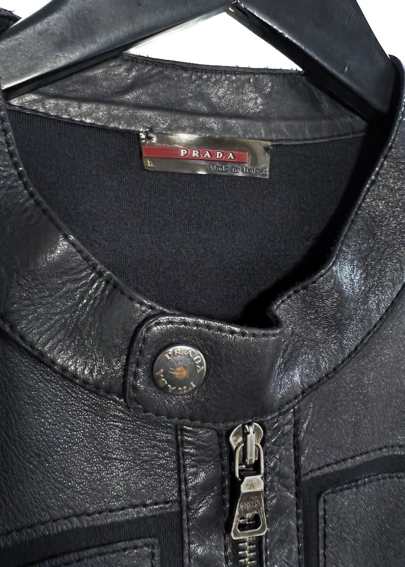 Prada Black Moto Leather Jacket With Nylon Insert