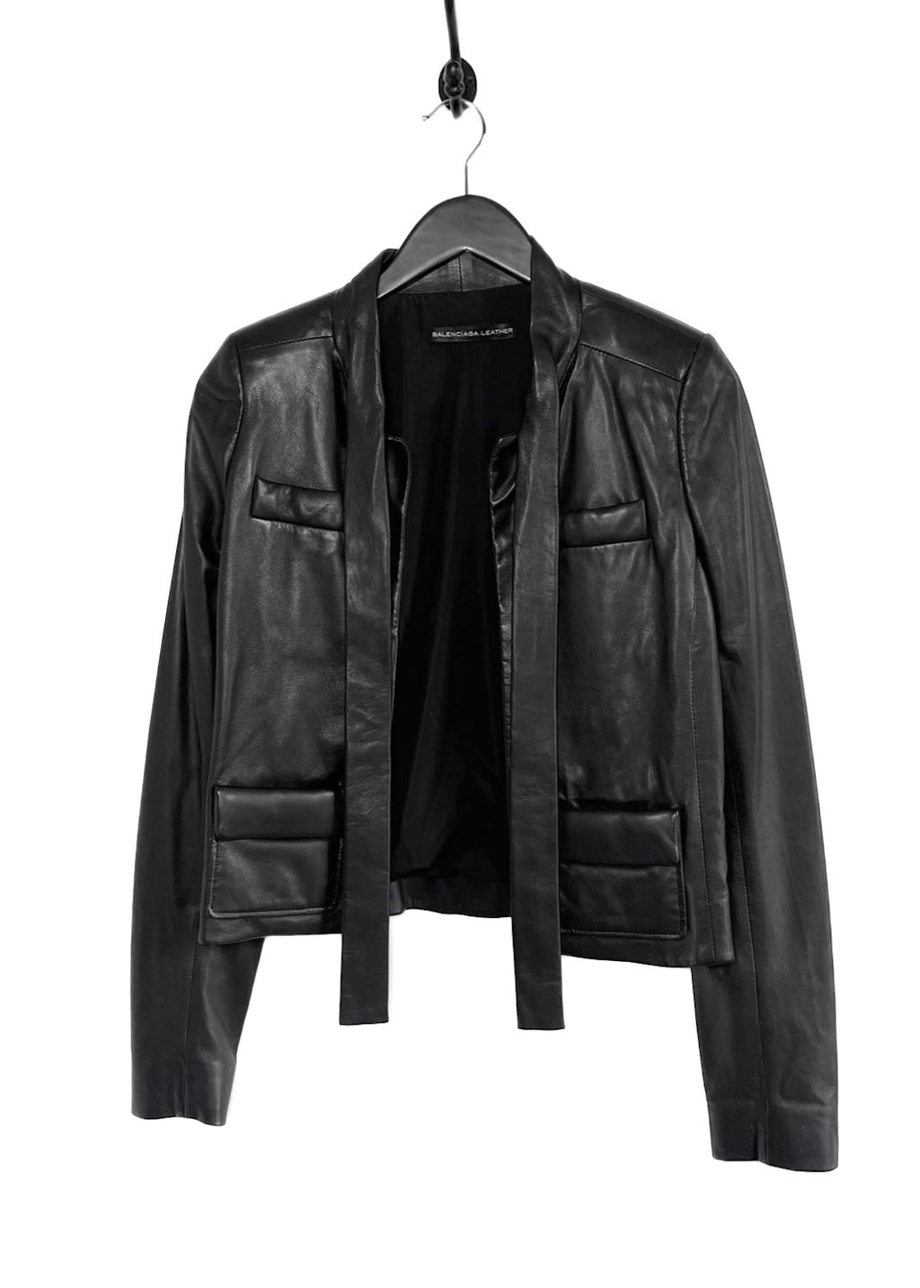 Balenciaga Black Leather Neck Tie Open Jacket