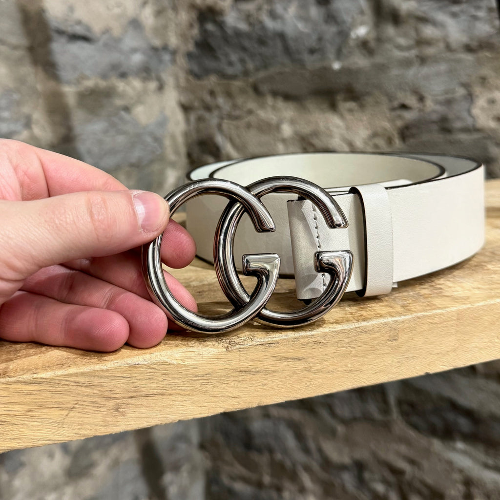 Gucci White Calfskin Leather Double G Belt