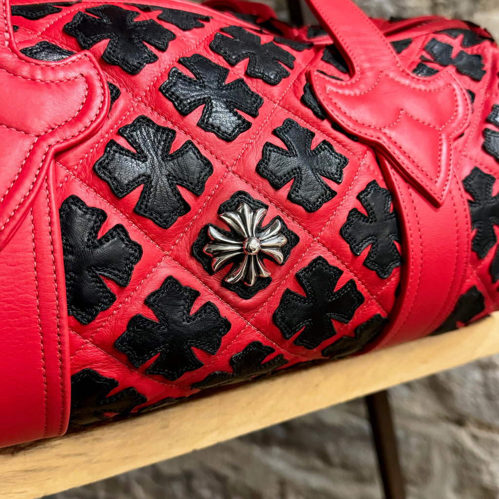 Chrome Hearts Red Leather All Over Black Crosses Duffle Bag