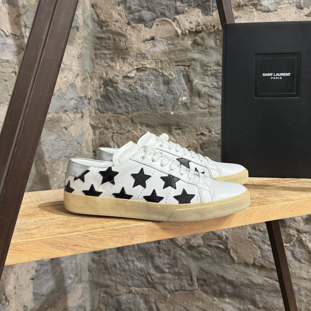 Saint Laurent White Leather Black Stars Appliqué Court Classic Low-top Sneakers