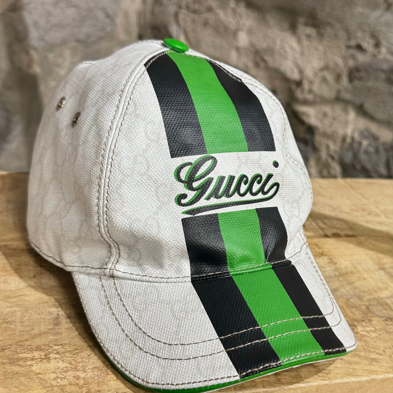 Gucci Sherry Line White GG Coated Canvas Green Signature Baseball Cap