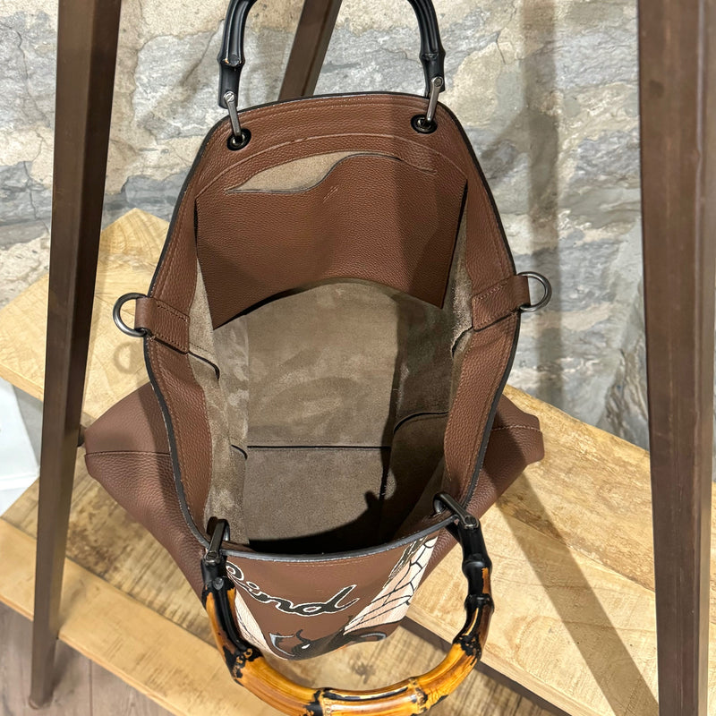 Grand sac fourre-tout avec poignée en bambou et cuir marron personnalisé Gucci