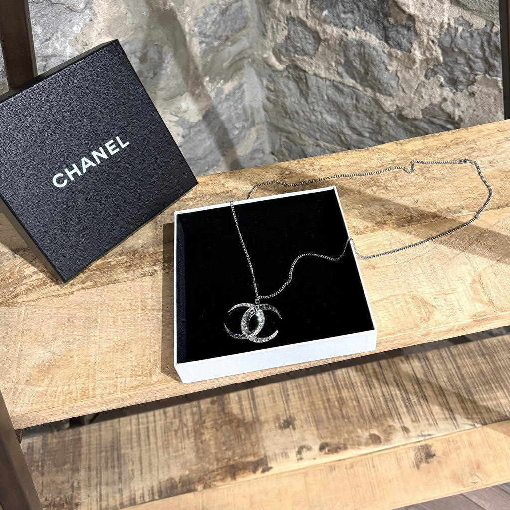 Chanel 2015 Dubai Moon Crystal CC Pendant Silver Chain Necklace