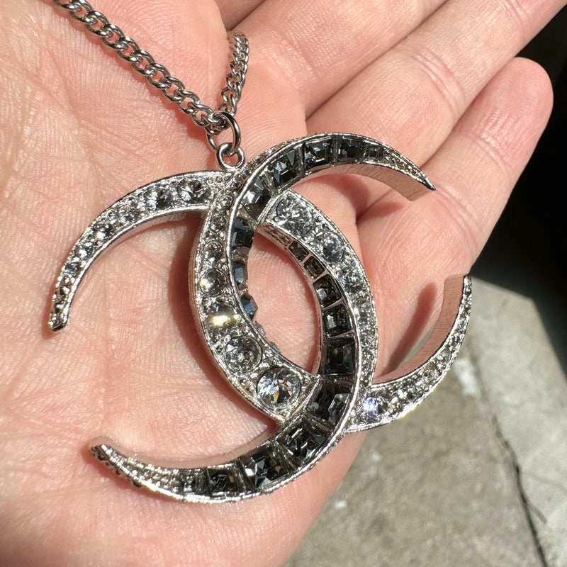 Chanel 2015 Dubai Moon Crystal CC Pendant Silver Chain Necklace