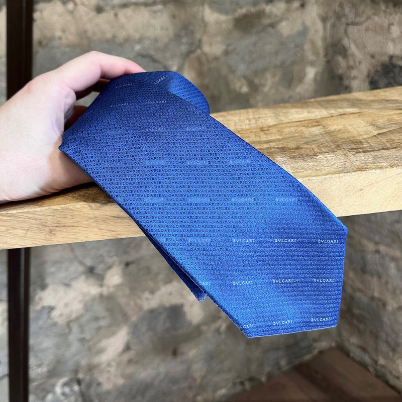 Bvlgari Blue Diagonal Stripe Logo Pattern Tie