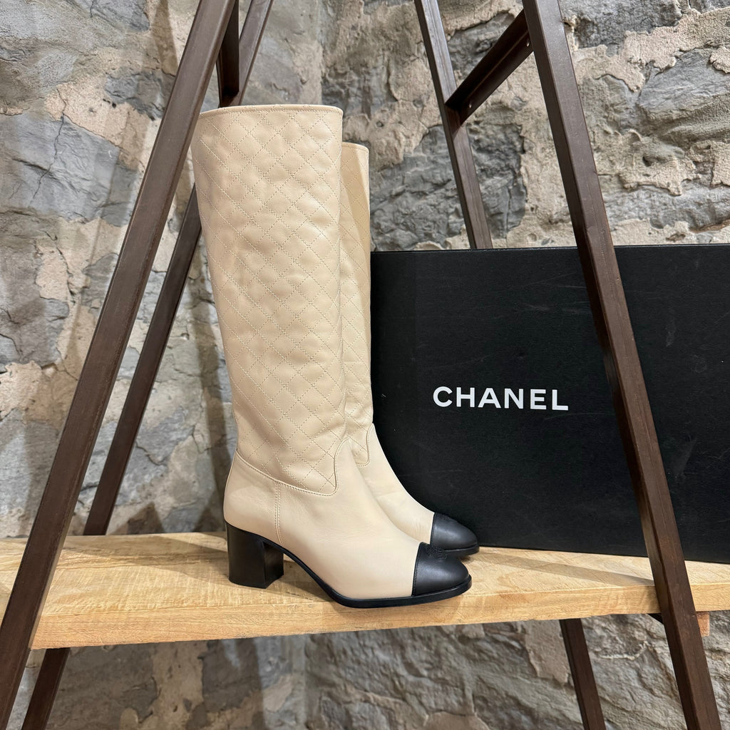 Chanel 2022 Ivory Quilted Cap Toe CC Heeled High Boots