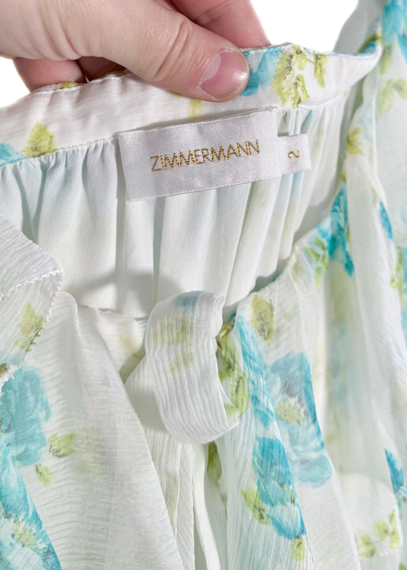 Mini-robe à imprimé floral bleu en soie ivoire Zimmermann