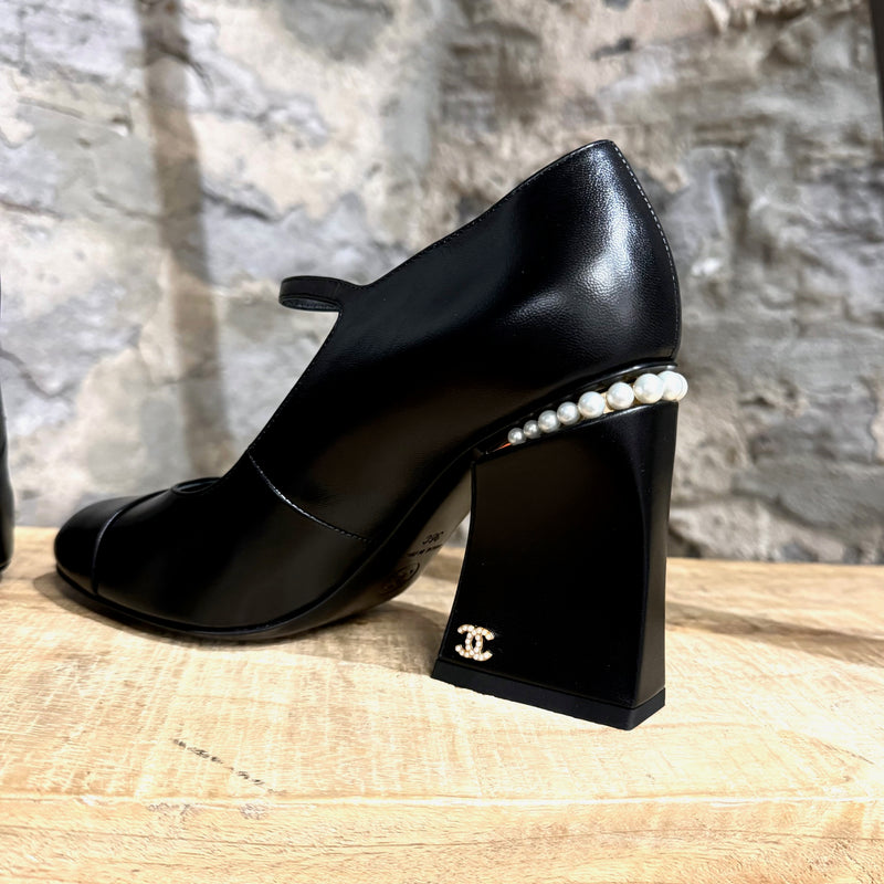 Chanel 2022 Black Goatskin Faux Pearl Maryjane Block Heels
