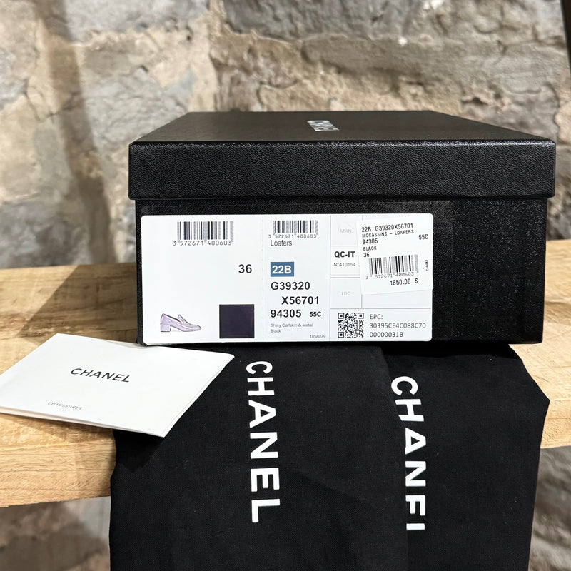 Chanel 2022 Black Shiny Calfskin Metal CC Heeled Loafers