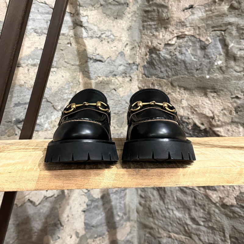 Gucci Black Horsebit Accent Lug Sole Loafers