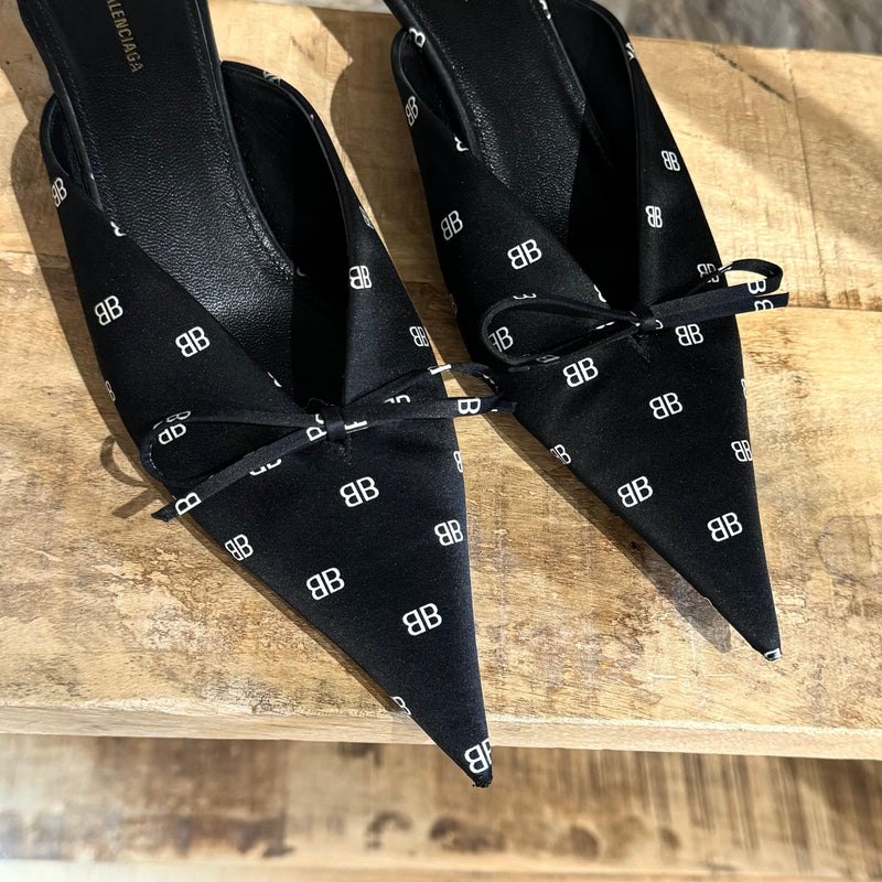 Balenciaga Black Satin BB Print Knife Bow Kitten Heeled Mules