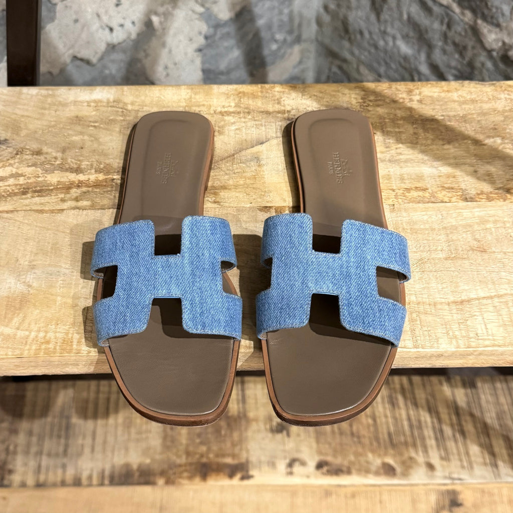 Hermès Denim Oran H Flat Slide Sandals