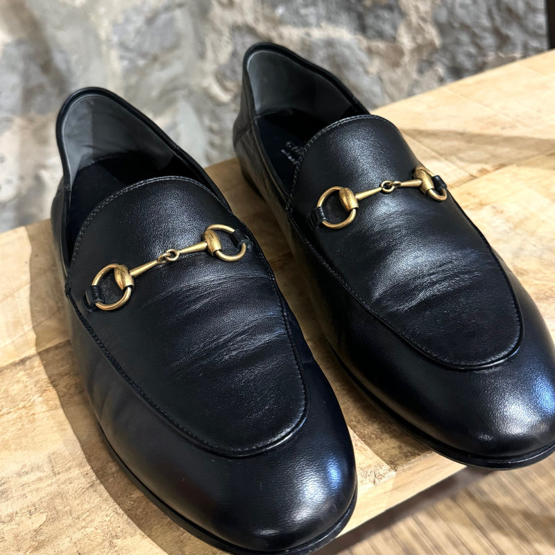 Gucci Black Leather Brixton Horsebit Accent Loafers