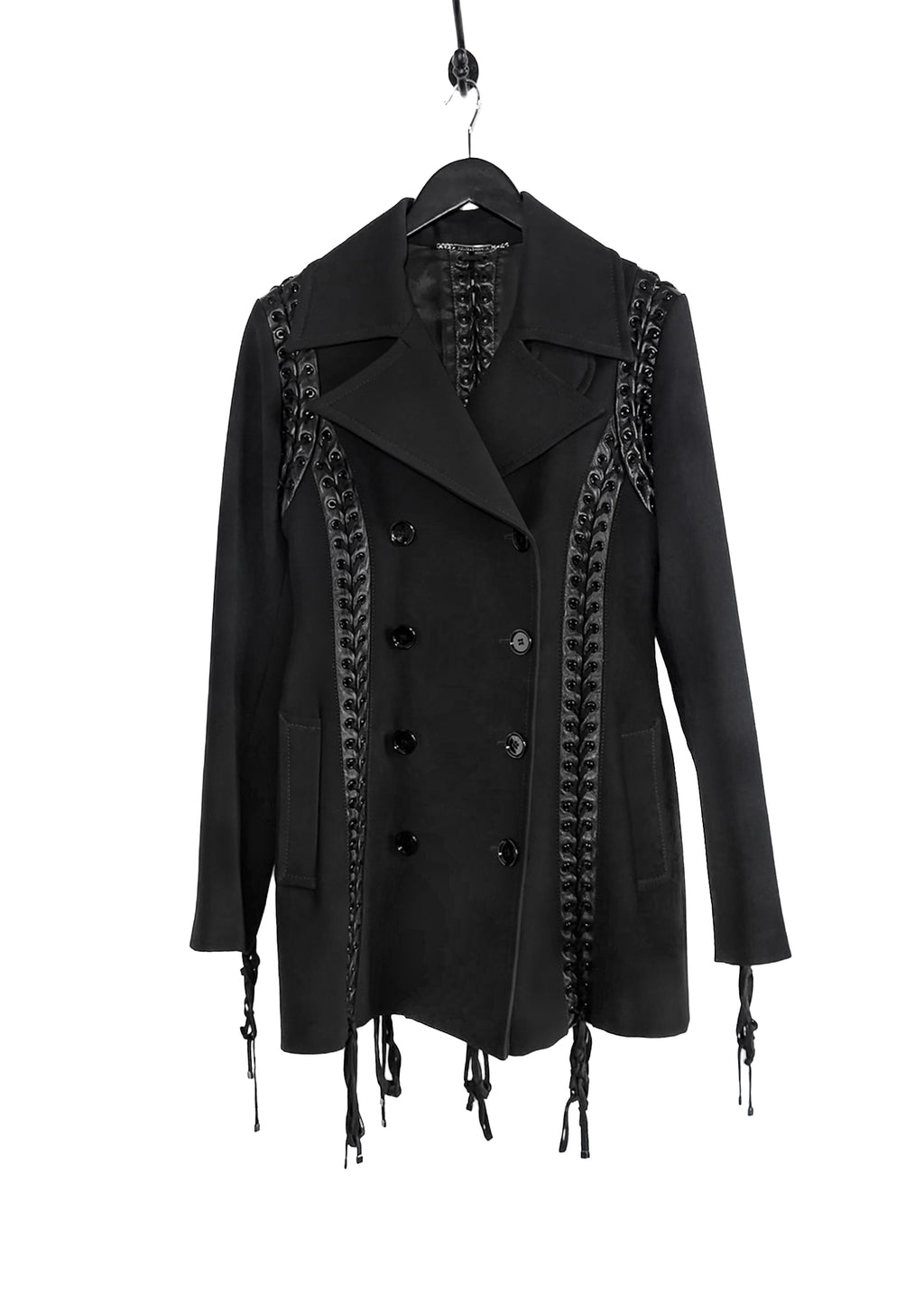 Dolce & Gabbana Black Wool Leather Laced Detailing Double Breasted Coat
