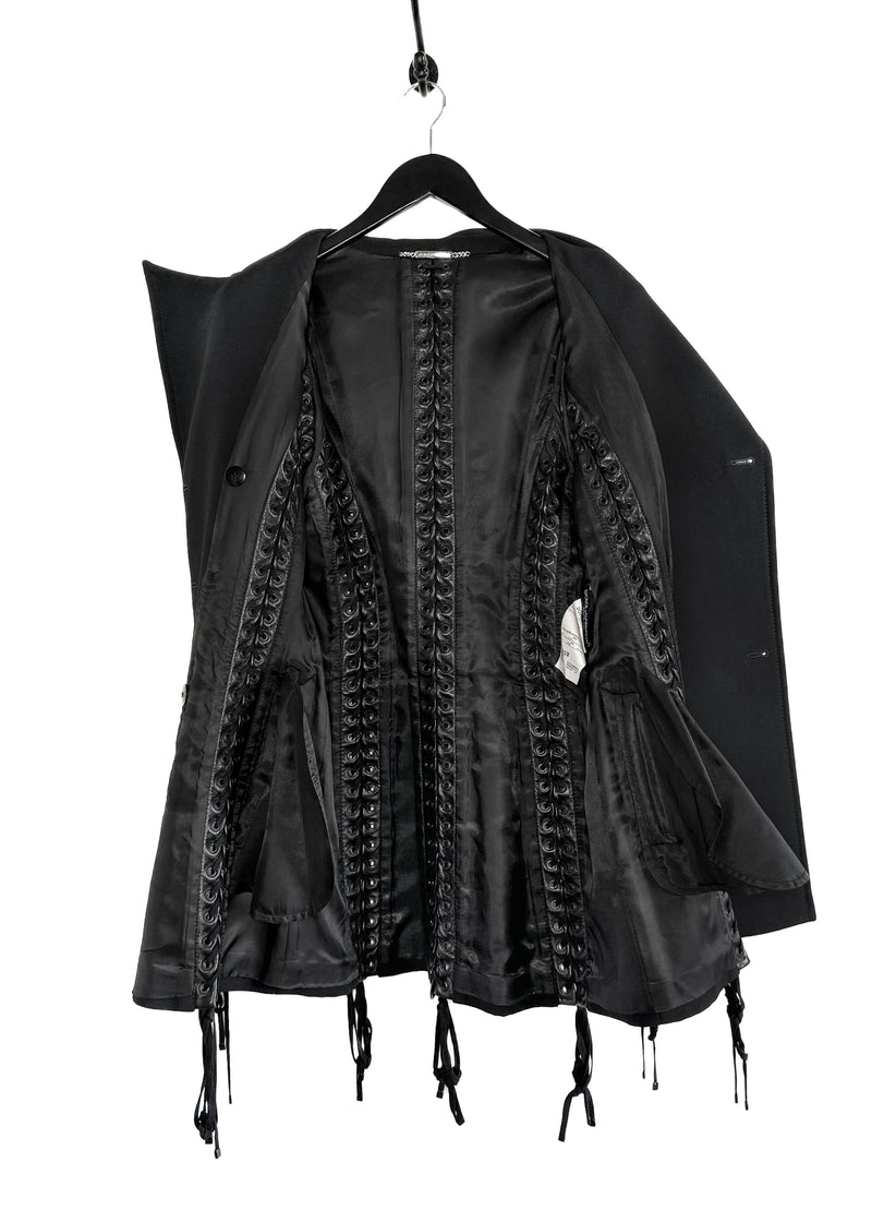 Dolce & Gabbana Black Wool Leather Laced Detailing Double Breasted Coat