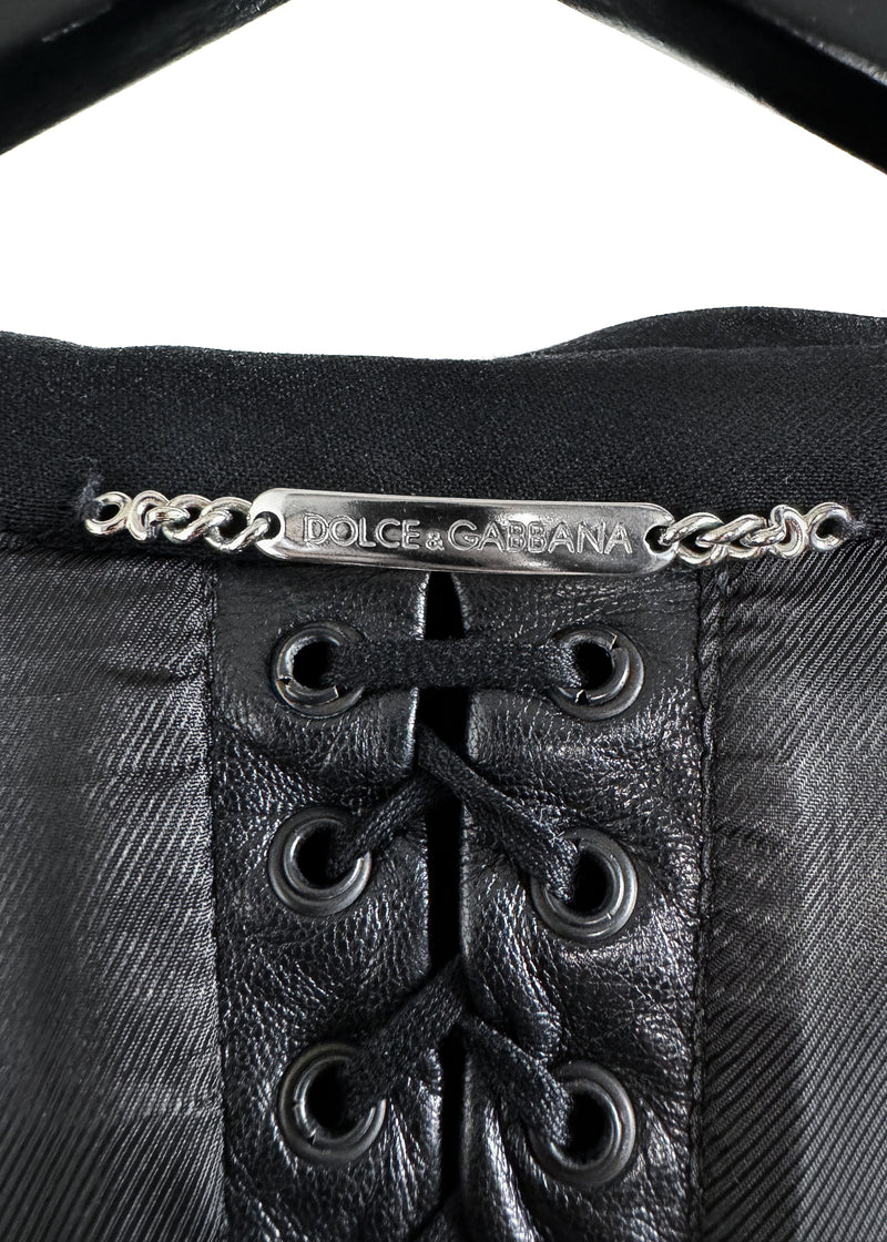 Manteau à double boutonnage en cuir de laine noir avec détails lacés﻿ Dolce & Gabbana