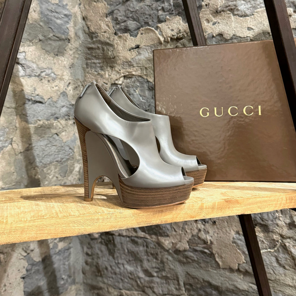 Gucci Grey Clemence Wedge Platform Peep Toe Pumps