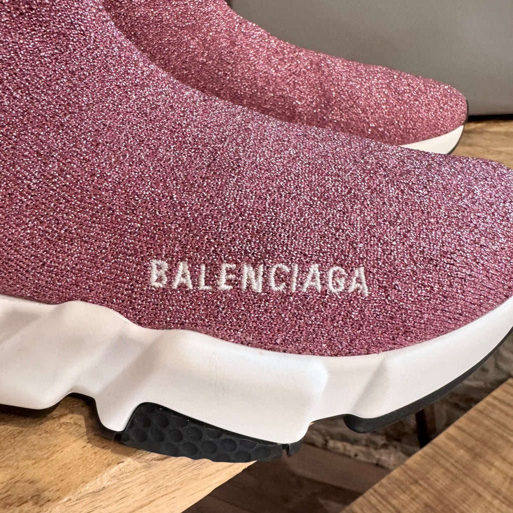Balenciaga Pink Knit Laminated Speed Logo Sock Sneakers