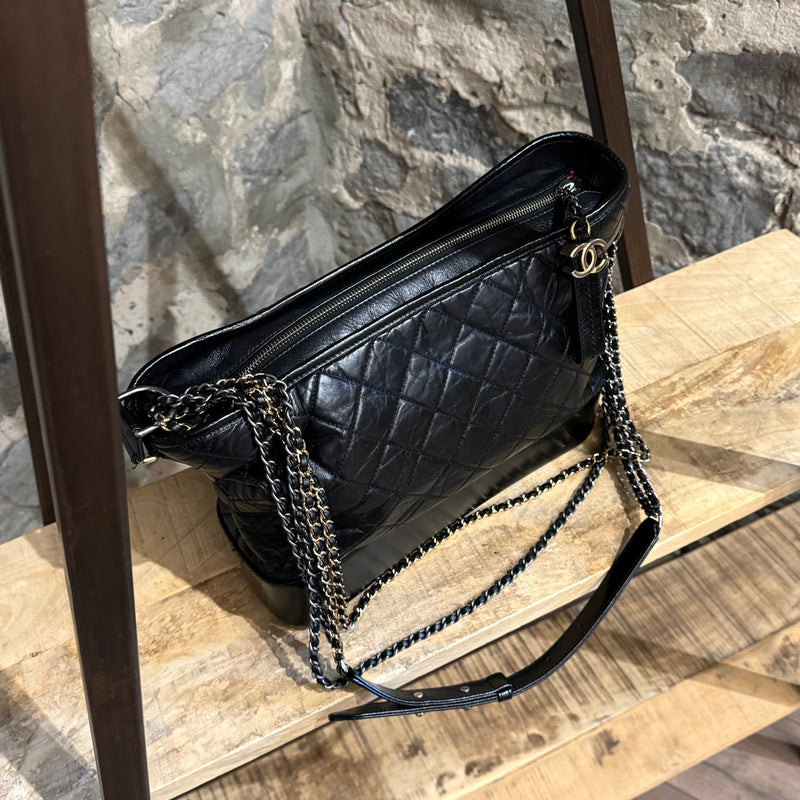 Chanel Black Aged Lambskin Quilted Large Gabrielle Hobo Bag