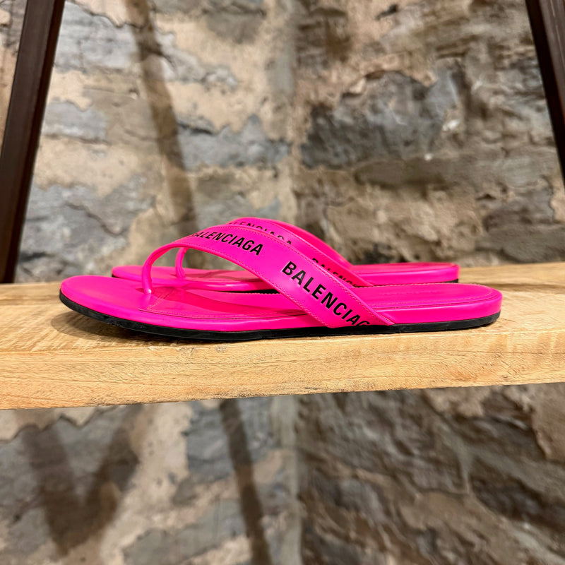 Balenciaga Neon Pink Leather Logo Thong Sandals