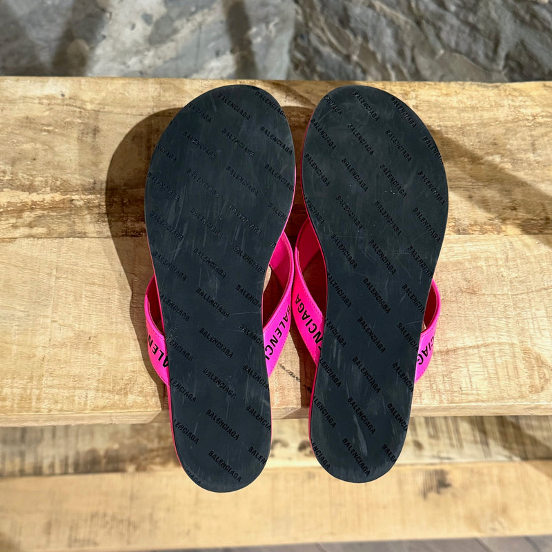 Balenciaga Neon Pink Leather Logo Thong Sandals