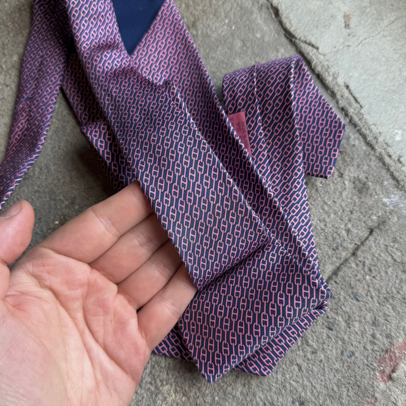 Hermès Pink Chaine D'Ancre Stripe Pattern Navy Silk Tie