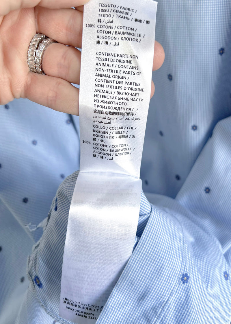 Gucci Blue Checkered Flower Embroidered Round Collar Shirt