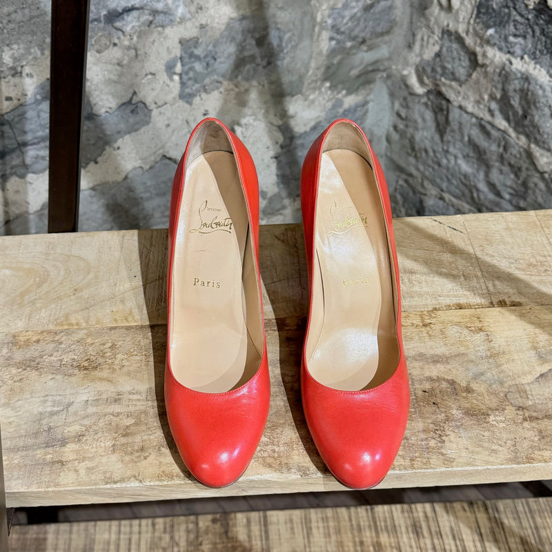 Christian Louboutin Coral Red Leather Simple Pumps 100 Heels