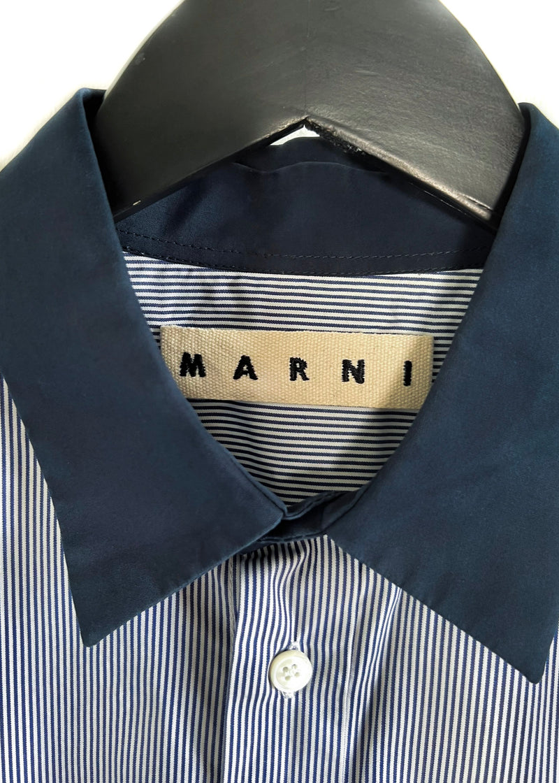 Marni White Blue Striped Constrasting Collar Buttoned Shirt